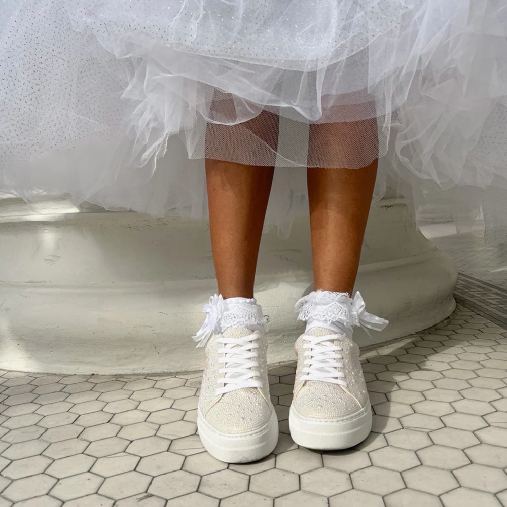 Betsey Johnson Sidny Ivory Pearl Sparkle Lace-Up Sneakers